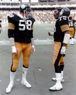 Linebacker Jack Lambert of the Pittsburgh Steelers on the bench in